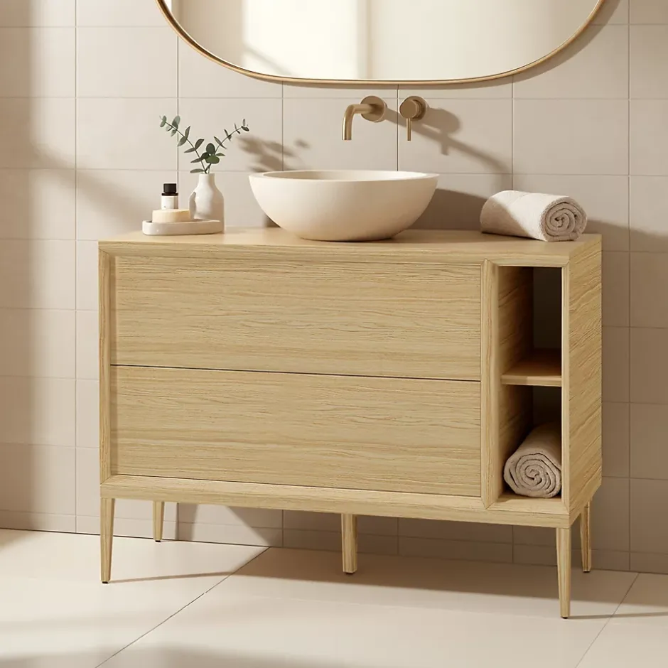 GoodHome Meuble sous vasque Avela placage chêne 100 cm + plan de toilette Avela 120 cm + niche 20 cm + pieds* Meuble Buanderie