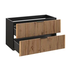 Meublorama Meuble sous vasque KINOKO 2 tiroirs Finition lattes bois naturel et noir L100 x P46 x H57 cm Meuble suspendu