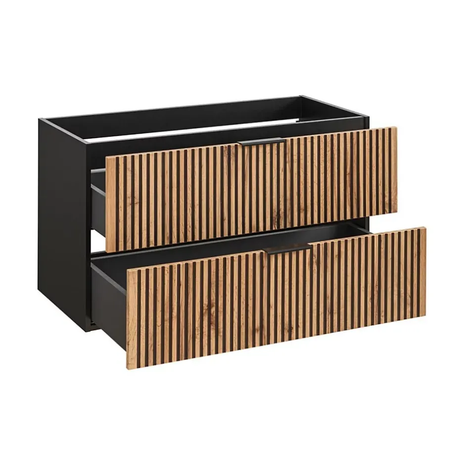 Meublorama Meuble sous vasque KINOKO 2 tiroirs Finition lattes bois naturel et noir L100 x P46 x H57 cm Meuble suspendu