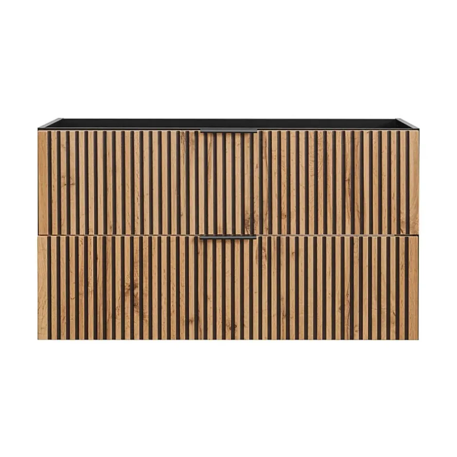 Meublorama Meuble sous vasque KINOKO 2 tiroirs Finition lattes bois naturel et noir L100 x P46 x H57 cm Meuble suspendu