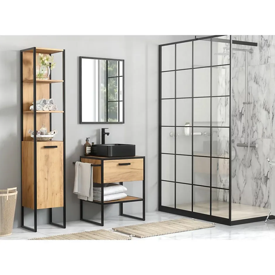 Meublorama Meuble sous vasque ONIL 2 portes Chene clair et noir Style industriel L70 cm* Meuble Sous-Vasque