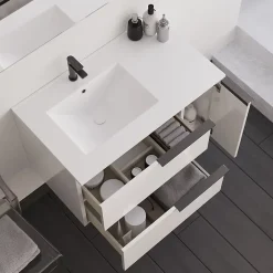 Cosyneo Meuble sous vasque seul, 2 tiroirs et 1 porte, 80cm, vasque déportée à gauche, blanc laqué - KING