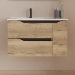 Cosyneo Meuble sous vasque seul, 2 tiroirs et 1 porte, 80cm, vasque déportée gauche - madera miel (bois clair) - ZARZA