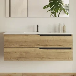 Cosyneo Meuble sous vasque seul, 2 tiroirs, 120cm, simple vasque - madera miel (chêne clair) - LUNA