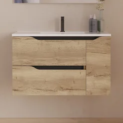 Cosyneo Meuble sous vasque seul, 2 tiroirs et 1 porte, 80cm, vasque centrée - madera miel (bois clair) - ZARZA