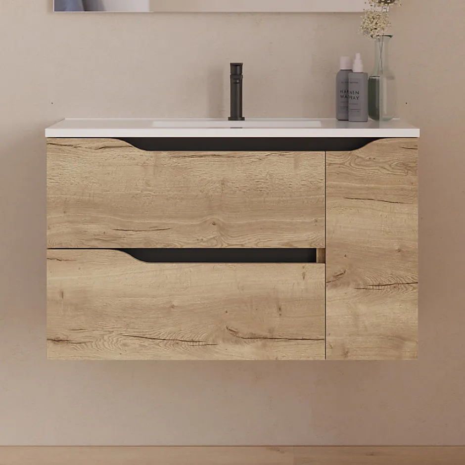 Cosyneo Meuble sous vasque seul, 2 tiroirs et 1 porte, 80cm, vasque centrée - madera miel (bois clair) - ZARZA