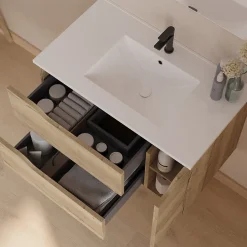 Cosyneo Meuble sous vasque seul, 2 tiroirs et 1 porte, 80cm, vasque centrée - madera miel (bois clair) - ZARZA