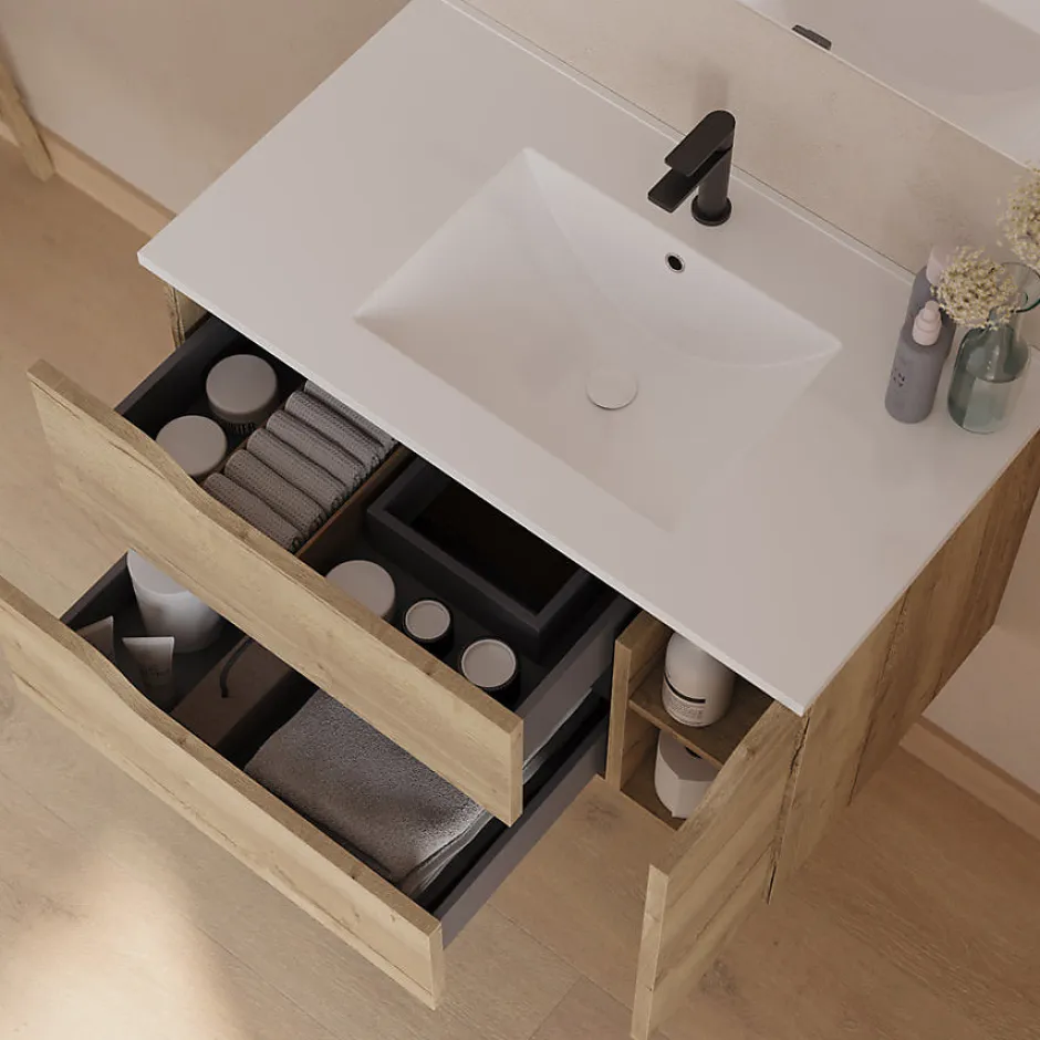 Cosyneo Meuble sous vasque seul, 2 tiroirs et 1 porte, 80cm, vasque centrée - madera miel (bois clair) - ZARZA
