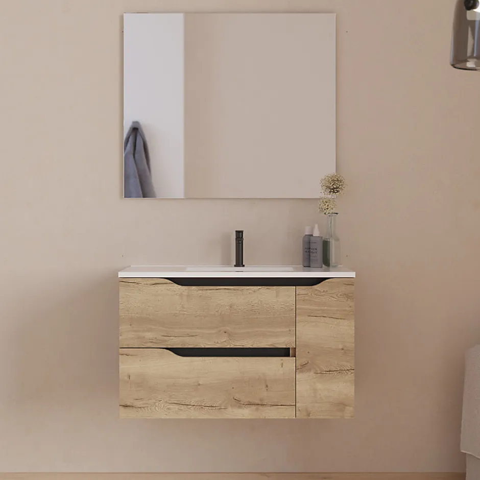 Cosyneo Meuble sous vasque seul, 2 tiroirs et 1 porte, 80cm, vasque centrée - madera miel (bois clair) - ZARZA