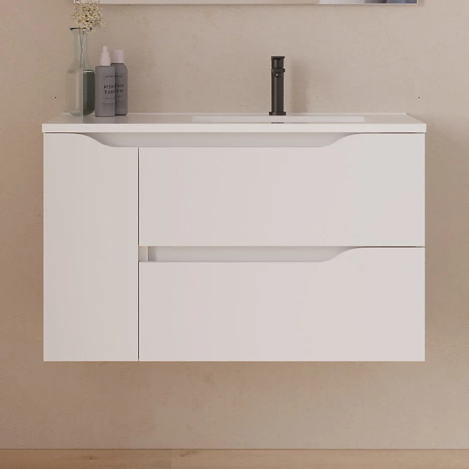 Cosyneo Meuble sous vasque seul, 2 tiroirs et 1 porte, 80cm, vasque déportée droite - blanc mat - ZARZA* Meuble Sous Lavabo