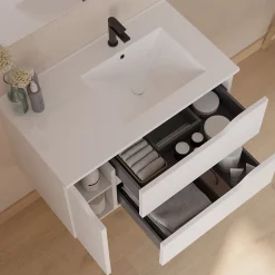 Cosyneo Meuble sous vasque seul, 2 tiroirs et 1 porte, 80cm, vasque déportée droite - blanc mat - ZARZA* Meuble Sous Lavabo