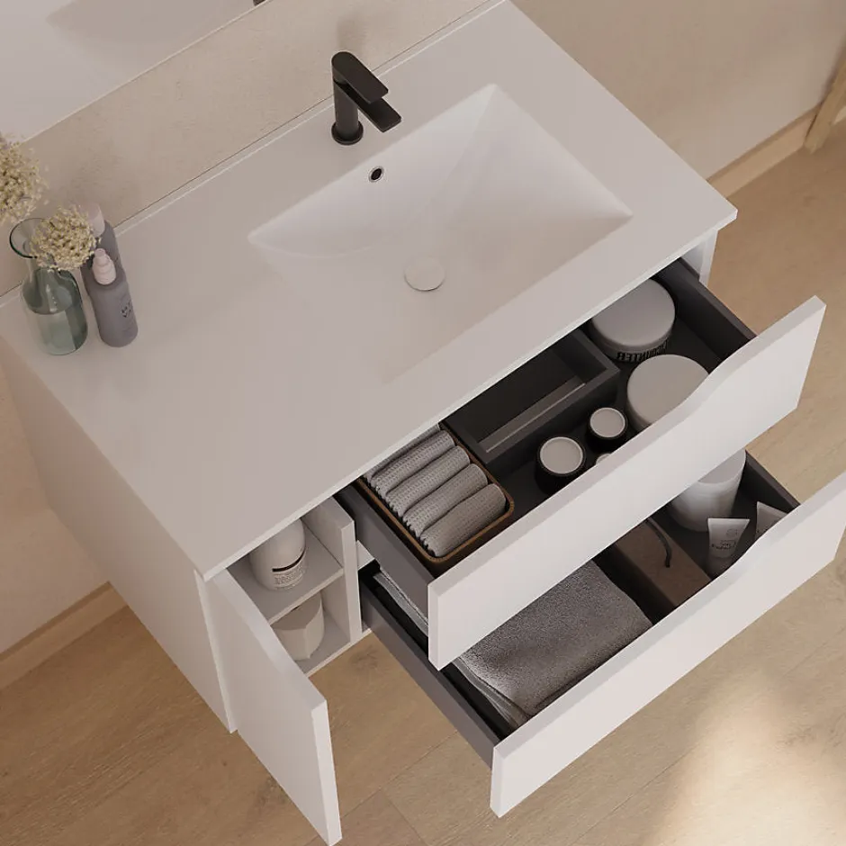 Cosyneo Meuble sous vasque seul, 2 tiroirs et 1 porte, 80cm, vasque déportée droite - blanc mat - ZARZA* Meuble Sous Lavabo