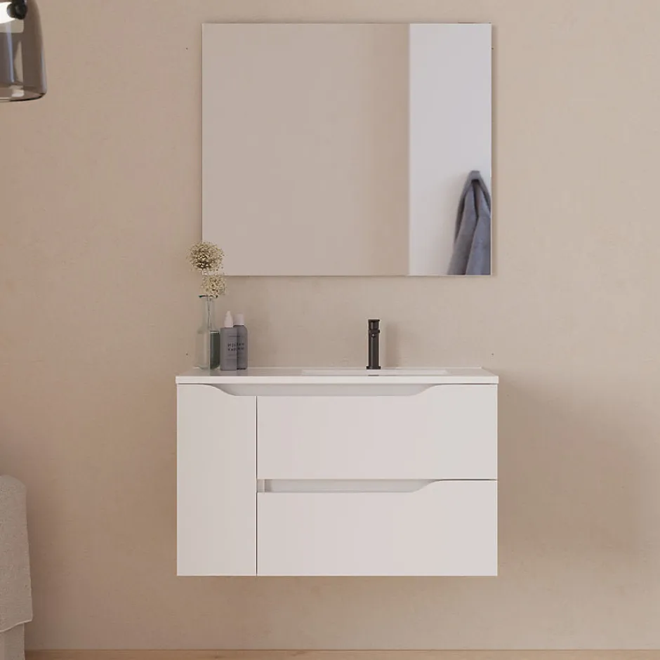 Cosyneo Meuble sous vasque seul, 2 tiroirs et 1 porte, 80cm, vasque déportée droite - blanc mat - ZARZA* Meuble Sous Lavabo