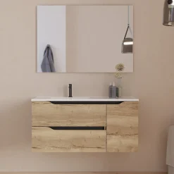 Cosyneo Meuble sous vasque seul, 2 tiroirs et 1 porte, 100cm, vasque déportée gauche - madera miel (bois clair) - ZARZA* Meuble Sous Lavabo