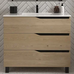 Cosyneo Meuble sous vasque seul, 3 tiroirs, 70cm, simple vasque - madera miel (chêne clair) - MATA