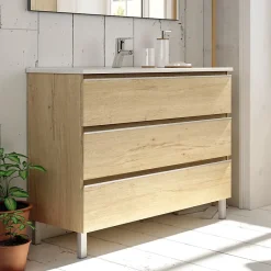 Cosyneo Meuble sous vasque seul, 3 tiroirs, 80cm, simple vasque - bambou (chêne clair) - PALMA* Meuble Sous Lavabo