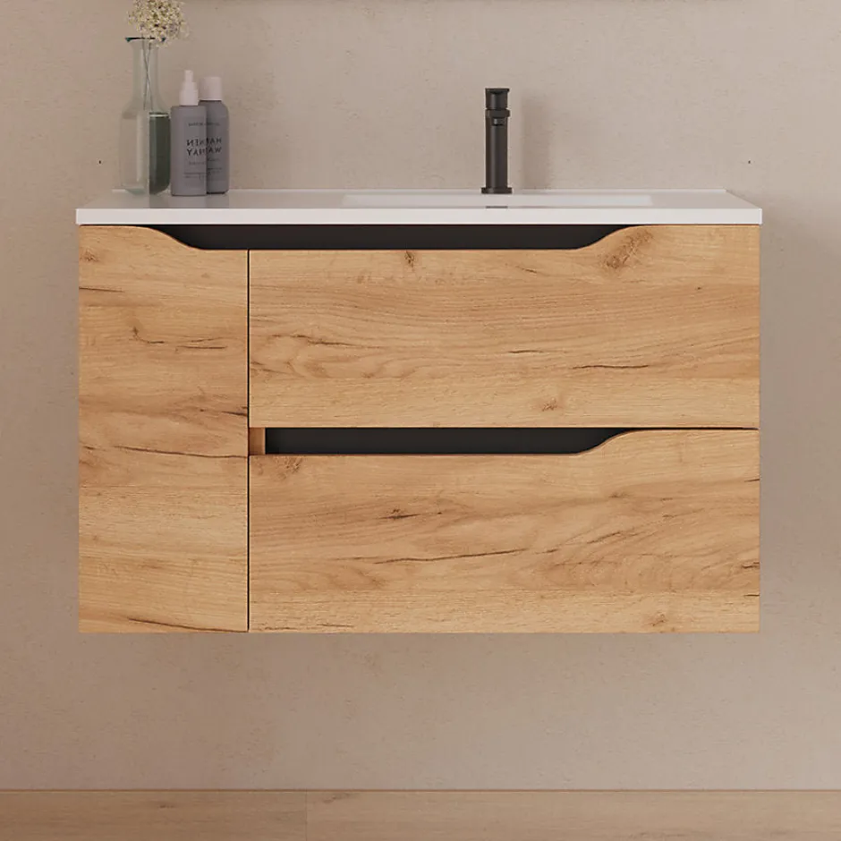 Cosyneo Meuble sous vasque seul, 2 tiroirs et 1 porte, 80cm, vasque déportée droite - roble (bois clair) - ZARZA* Meuble Sous Lavabo