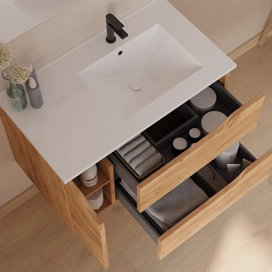 Cosyneo Meuble sous vasque seul, 2 tiroirs et 1 porte, 80cm, vasque déportée droite - roble (bois clair) - ZARZA* Meuble Sous Lavabo
