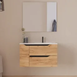 Cosyneo Meuble sous vasque seul, 2 tiroirs et 1 porte, 80cm, vasque déportée droite - roble (bois clair) - ZARZA* Meuble Sous Lavabo