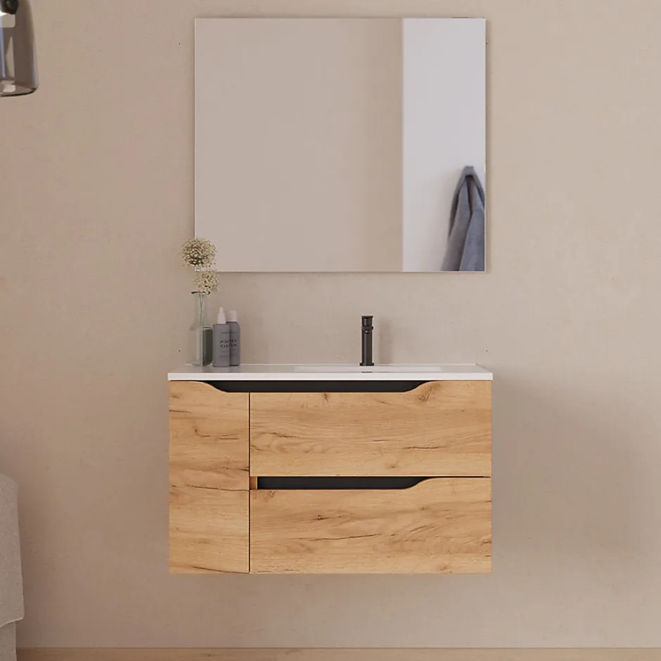 Cosyneo Meuble sous vasque seul, 2 tiroirs et 1 porte, 80cm, vasque déportée droite - roble (bois clair) - ZARZA* Meuble Sous Lavabo