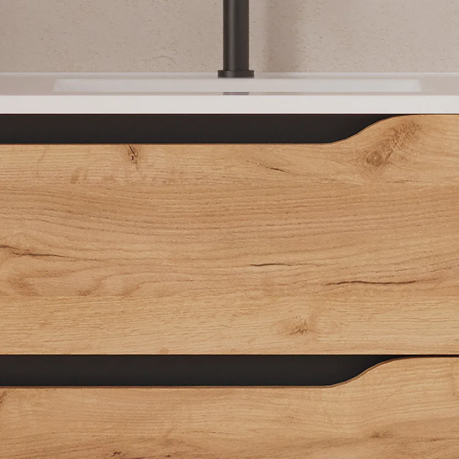 Cosyneo Meuble sous vasque seul, 2 tiroirs et 1 porte, 80cm, vasque déportée droite - roble (bois clair) - ZARZA* Meuble Sous Lavabo