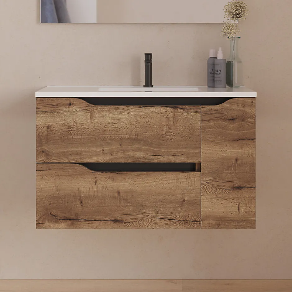 Cosyneo Meuble sous vasque seul, 2 tiroirs et 1 porte, 80cm, vasque centrée - tabaco (bois foncé) - ZARZA