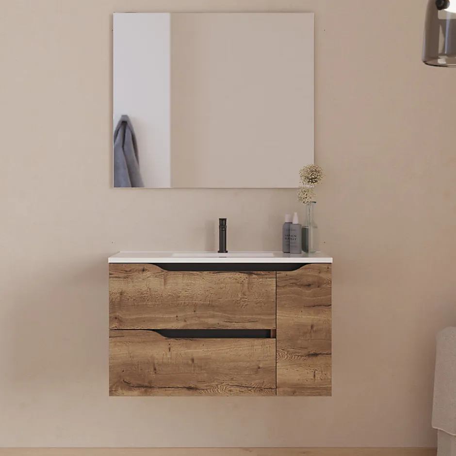 Cosyneo Meuble sous vasque seul, 2 tiroirs et 1 porte, 80cm, vasque centrée - tabaco (bois foncé) - ZARZA