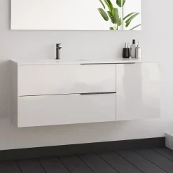 Cosyneo Meuble sous vasque seul, 2 tiroirs et 1 porte, 120cm, vasque déportée à gauche, blanc laqué - KING