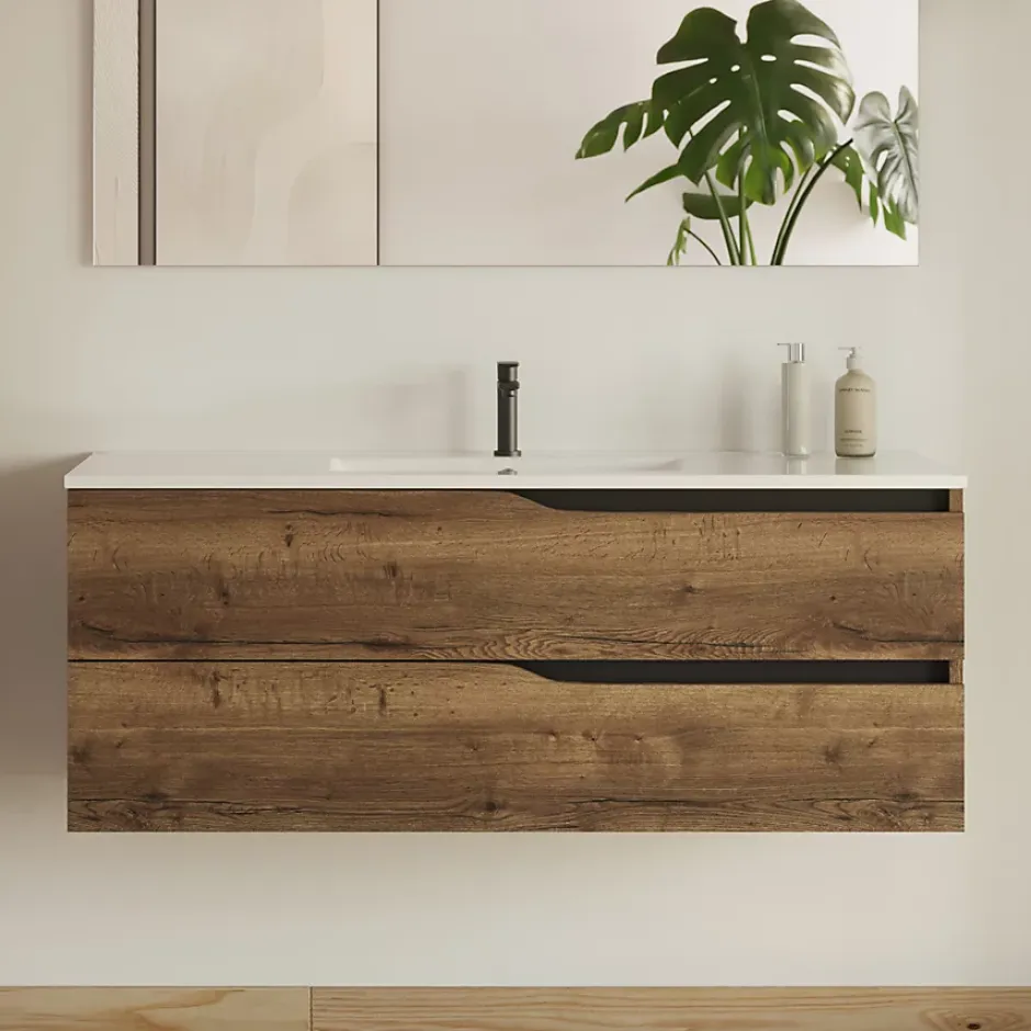 Cosyneo Meuble sous vasque seul, 2 tiroirs, 120cm, simple vasque - tabaco (chêne foncé) - LUNA* Meuble Sous Lavabo