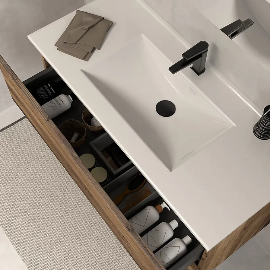 Cosyneo Meuble sous vasque seul, 2 tiroirs, 120cm, simple vasque - tabaco (chêne foncé) - LUNA* Meuble Sous Lavabo