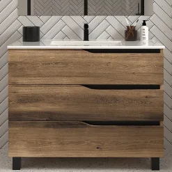 Cosyneo Meuble sous vasque seul, 3 tiroirs, 100cm, simple vasque - tabaco (chêne foncé) - MATA
