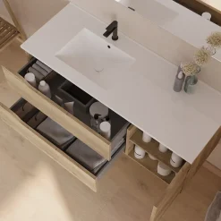 Cosyneo Meuble sous vasque seul, 2 tiroirs et 1 porte, 120cm, vasque déportée gauche - madera miel (bois clair) - ZARZA* Meuble Sous Lavabo