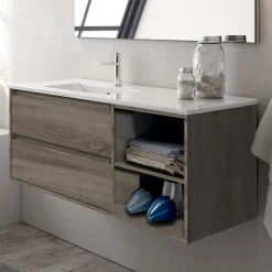 Cosyneo Meuble sous vasque seul, 2 tiroirs et 2 niches, 120cm, vasque déportée à gauche - britannia (chêne foncé) - OLYMPE* Meuble Sous Lavabo