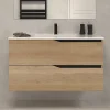 Cosyneo Meuble sous vasque seul, 2 tiroirs, 90cm, simple vasque - madera miel (chêne clair) - LUNA