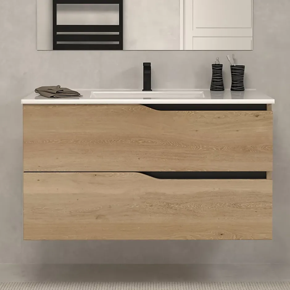 Cosyneo Meuble sous vasque seul, 2 tiroirs, 90cm, simple vasque - madera miel (chêne clair) - LUNA
