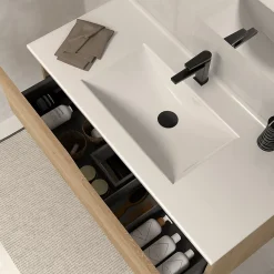 Cosyneo Meuble sous vasque seul, 2 tiroirs, 90cm, simple vasque - madera miel (chêne clair) - LUNA