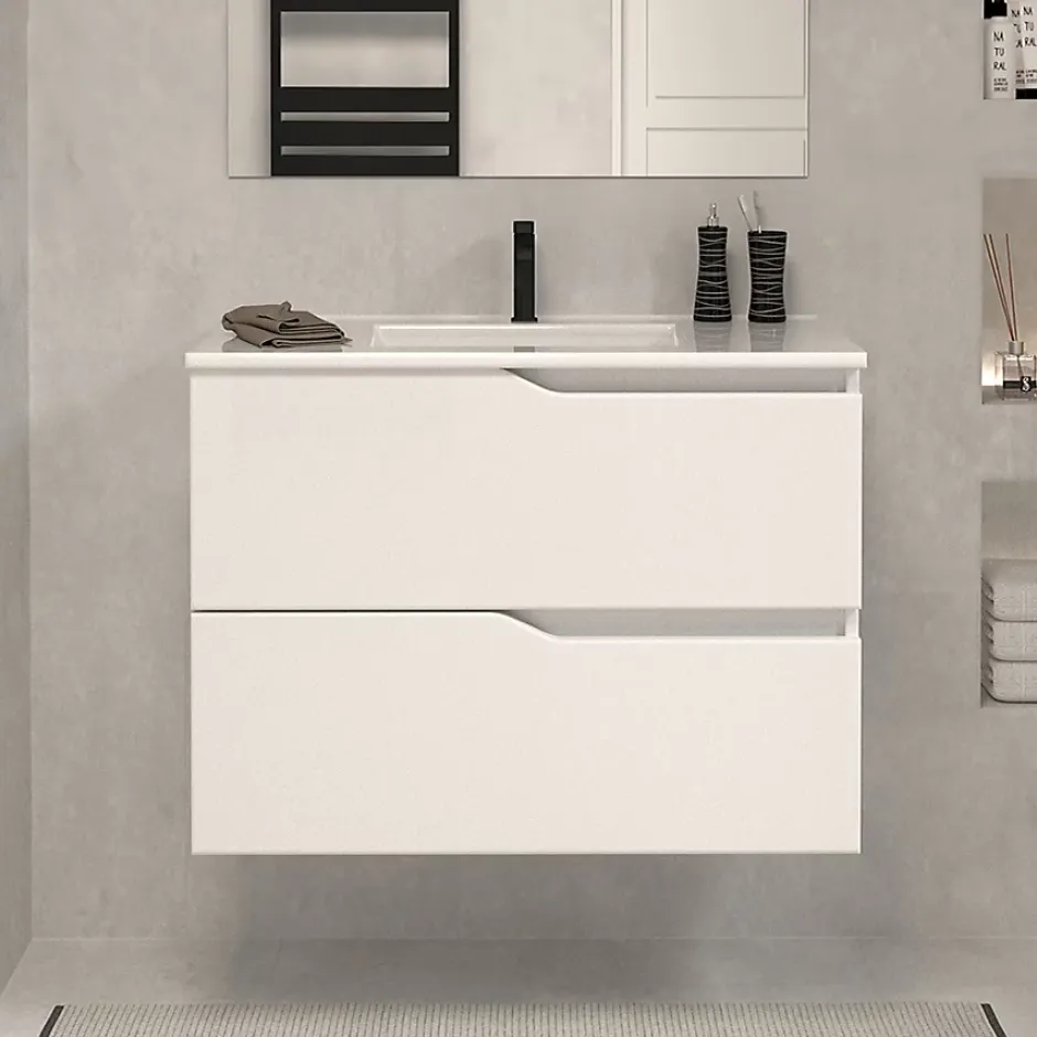 Cosyneo Meuble sous vasque seul, 2 tiroirs, 60cm, simple vasque - blanc mat - LUNA* Meuble Sous Lavabo