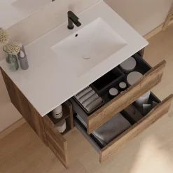 Cosyneo Meuble sous vasque seul, 2 tiroirs et 1 porte, 80cm, vasque déportée droite - tabaco (bois foncé) - ZARZA* Meuble Sous Lavabo