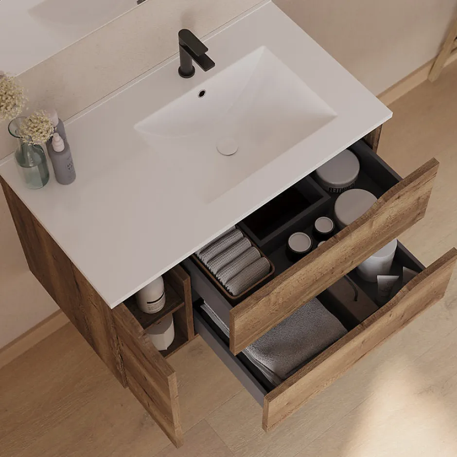 Cosyneo Meuble sous vasque seul, 2 tiroirs et 1 porte, 80cm, vasque déportée droite - tabaco (bois foncé) - ZARZA* Meuble Sous Lavabo