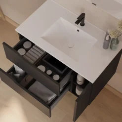 Cosyneo Meuble sous vasque seul, 2 tiroirs et 1 porte, 80cm, vasque centrée - noir - ZARZA* Meuble Sous Lavabo