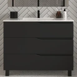 Cosyneo Meuble sous vasque seul, 3 tiroirs, 90cm, simple vasque - noir - MATA