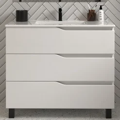 Cosyneo Meuble sous vasque seul, 3 tiroirs, 80cm, simple vasque - blanc mat - MATA* Meuble Sous Lavabo