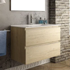 Cosyneo Meuble sous vasque seul, 2 tiroirs, 60cm, simple vasque - bambou (chêne clair) - BALEA* Meuble Sous Lavabo