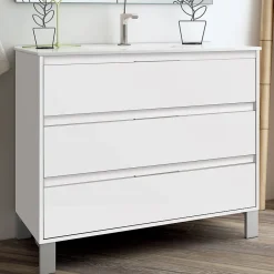 Cosyneo Meuble sous vasque seul, 3 tiroirs, 100cm, simple vasque - blanc laqué - TIRIS* Meuble Sous Lavabo