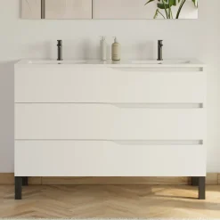Cosyneo Meuble sous vasque seul, 3 tiroirs, 120cm, double vasque - blanc mat - MATA