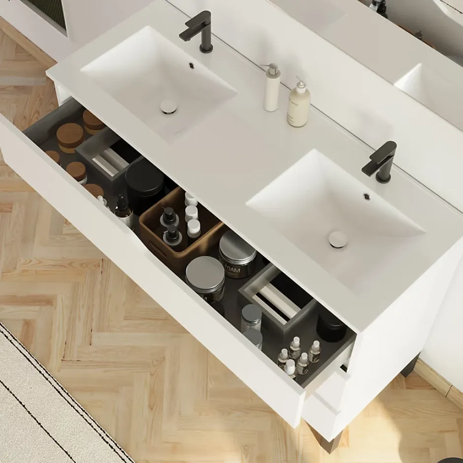 Cosyneo Meuble sous vasque seul, 3 tiroirs, 120cm, double vasque - blanc mat - MATA
