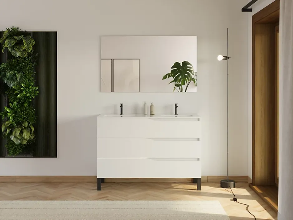 Cosyneo Meuble sous vasque seul, 3 tiroirs, 120cm, double vasque - blanc mat - MATA
