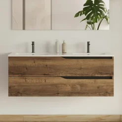 Cosyneo Meuble sous vasque seul, 2 tiroirs, 120cm, double vasque - tabaco (chêne foncé) - LUNA* Meuble Sous Lavabo