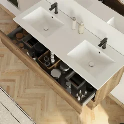 Cosyneo Meuble sous vasque seul, 2 tiroirs, 120cm, double vasque - tabaco (chêne foncé) - LUNA* Meuble Sous Lavabo