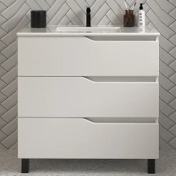Cosyneo Meuble sous vasque seul, 3 tiroirs, 60cm, simple vasque - blanc mat - MATA* Meuble Sous Lavabo
